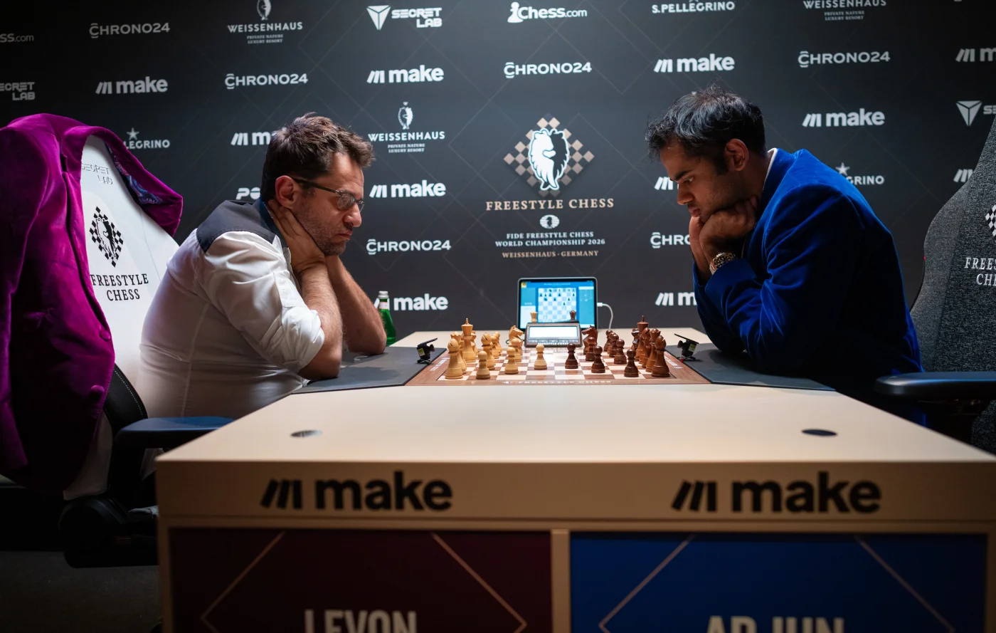 Arjun Erigaisi and Levon Aronian at the Freestyle Chess press conference in Weissenhaus